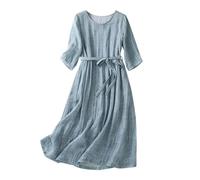 Ceboyel Women Bohemian Cotton Linen Dresses 3/4 Sleeve Maxi Long Dress Plain Classic Dresses Trendy Boho Dresses with Belt, Blue #37, XXL