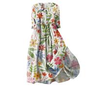 Ceboyel Women Bohemian Cotton Linen Dresses 3/4 Sleeve Maxi Long Dress Plain Classic Dresses Trendy Boho Dresses with Belt, Green #22, M