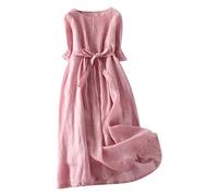 Ceboyel Women Bohemian Cotton Linen Dresses 3/4 Sleeve Maxi Long Dress Plain Classic Dresses Trendy Boho Dresses with Belt, Pink #2, XL