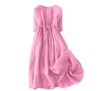 Ceboyel Women Bohemian Cotton Linen Dresses 3/4 Sleeve Maxi Long Dress Plain Classic Dresses Trendy Boho Dresses with Belt, Pink #15, M