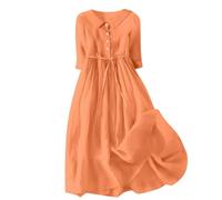 Ceboyel Women Bohemian Cotton Linen Dresses 3/4 Sleeve Maxi Long Dress Plain Classic Dresses Trendy Boho Dresses with Belt, Orange #13, M