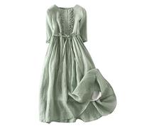 Ceboyel Women Bohemian Cotton Linen Dresses 3/4 Sleeve Maxi Long Dress Plain Classic Dresses Trendy Boho Dresses with Belt, Green #5, XXL