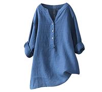 Ceboyel Women Cotton Linen Shirts Button Down Summer Blouse Roll-Up Sleeve Tops Tunic Trendy Boho Ladies Clothes 2023, Blue #19, XL