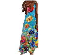 Ceboyel Women Floral Spaghetti Strap Sundress Casual Summer Long Maxi Dress Vneck Sexy Boho Dresses Trendy Beach Clothes 2024, Sky Blue #39, 3XL