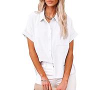Ceboyel Women Short Sleeve Cotton Linen Shirts Button Down Blouse Gauze Collared Summer Tops Boho Casual Ladies Clothes, White #3, L