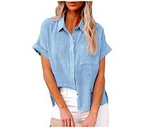 Ceboyel Women Short Sleeve Cotton Linen Shirts Button Down Blouse Gauze Collared Summer Tops Boho Casual Ladies Clothes, Light Blue #4, L