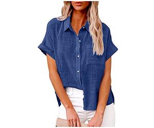 Ceboyel Women Short Sleeve Cotton Linen Shirts Button Down Blouse Gauze Collared Summer Tops Boho Casual Ladies Clothes, Blue #9, L