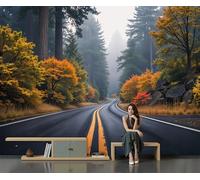 CECE&COLE 3D Autumn Scenery Wallpaper Dark Gray Forest Highway Wall Paper Natural Scenery Decoration for Bedroom Living Room Restaurant Cafe Fireplace,450×317 cm (W×H)