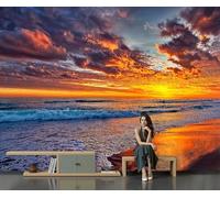 CECE&COLE 3D Beach Sunset Wall Mural Ocean Waves Print Photo Wallpaper, Luxury Silk Wallpaper Decoration Poster Picture Design 400×280 cm (W×H) Mural for Living Room Bedroom
