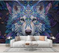 CECE&COLE 3D Iridescent Feathers Animals Mural Photo Wallpaper | Silk 350×256 CM Backdrop Wall Interior Decor, Wolf Head Feathers Wallpaper Panel Wall, Murals Restaurant Hall Living Room Hallway