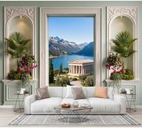 CECE&COLE City Architecture Window View Wallpaper for Living Room | Temple Snow-Capped Mountain Lake Wall Murals for Bedrooms, Pale Green Wall Art, Silk Photo Wallpaper 3D Effect,400×280 CM