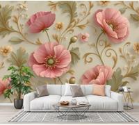 CECE&COLE Flowers Plants Relief Mural Wallpaper | Poppy Flower Scroll Pattern Leaves Wall Mural, 350×256 CM Art Prin Silk Wall Murals, Eco-Friendly Photo Wallpaper for Living Room Bedrooms Kitchen