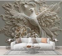 CECE&COLE Myth Bird Relief Mural Wallpaper for Living Room Decor | Ivory Wall Mural, Phoenix Peony Scroll Pattern Wall Art, Silk Photo Wallpaper for Bedroom, 3D Effect, 450×315 CM