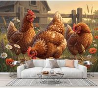 CECE&COLE Photo Wallpaper Countryside Farm Animal 350×256 CM | Silk Print Wall Mural Decoration Poster Home DIY Decoration Hen Fence Daisy for Living Room Bedroom Kitchen