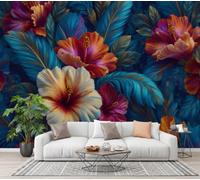 CECE&COLE Photo Wallpaper Cyber Flowers Plants Mural | Hibiscus Flower Feather Leaf Panoramic Wall Large Photo Mural 300×210 CM Art Print Wallpaper Bedroom Decoration Wall Covering Poster