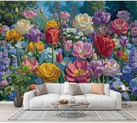CECE&COLE Photo Wallpaper Garden Flowers Illustration Mural | Tulips Daisies Hydrangeas Panoramic Wall Large Photo Mural 450×315 CM Art Print Wallpaper Bedroom Decoration Wall Covering Poster