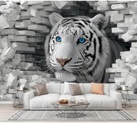 CECE&COLE Photo Wallpaper White Bricks Holes Animals 250×175 CM | Silk Print Wall Mural Decoration Poster Home DIY Decoration Brick Blue Eyes White Tiger for Living Room Bedroom Kitchen
