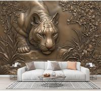 CECE&COLE Retro Bronze Animal Relief Silk Wallpaper | 250×175 CM 3D Panoramic Mural, Tiger Flowers and Plants Lake 3D Printed, Seamless Finish, Not Self-Adhesive Wallpaper