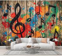 CECE&COLE Retro Musical Note Graffiti Mural Wallpaper 300×210 CM | Musical Notes Wooden Boards Photo Wallpaper, Wall Mural Sticker for Bedroom Living Room Hallway Sofa Backdrop Wall Decor