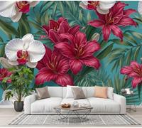 CECE&COLE Retro Tropical Plant Mural Photo Wallpaper | Silk 300×210 CM Backdrop Wall Interior Decor, Lily Orchid Palm Leaf Wallpaper Panel Wall, Murals Restaurant Hall Living Room Hallway