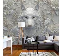 CECE&COLE Silk Flowering Plants Wallpaper 3D Embossed Animals White Wolf Wallpaper Light Gray Wallpapers for Bedroom Living Room TV Backdrop Hallway Hall Lounge