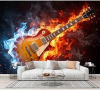 CECE&COLE Wall Mural Fire Rock Instruments 300×210 CM Photo Wallpaper | Guitar Flame Smoke 3D Print Silk Mural Wallpaper, for Living Room Bedroom Kids Room TV Sofa Background Family Wall Decor