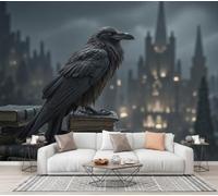 CECE&COLE Wall Mural Gothic Architecture Crow 250×175 CM Photo Wallpaper | Ancient Books Castles Crows Print Silk Mural Wallpaper,for Living Room Bedroom TV Sofa Background Family Wall Decor