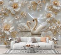CECE&COLE Wall Mural Luxury Floral Bird Relief 300×210 CM | Swan Flower Pearl, Wallpaper, Silk Premium Art Print Wall Mural, Decoration Poster Picture Design