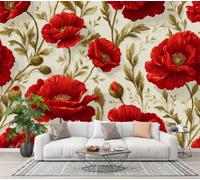 CECE&COLE Wall Mural Relief Plants Flowers 300×210 CM | Poppy Flowers Branches and Leaves Flower Buds, Wallpaper, Silk Premium Art Print Wall Mural, Decoration Poster Picture Design