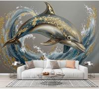 CECE&COLE Wall Mural Waves Gold Leaf Animals Relief 300×210 CM | Dolphin Wave Gold Leaf, Wallpaper, Silk Premium Art Print Wall Mural, Decoration Poster Picture Design