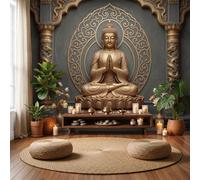 CECE&COLE Wall Murals 3D Gilded Buddha Art Large Photo Wallpaper | Buddha Lotus Dragon Patterned Pillar Art Wall Stickers XXL Poster Picture Home Decoration for Living Room, Bedroom, Meditation Areas