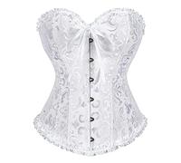 Ceciley Overbust Boned Corset Tops for Women Bustier Shapewear Lingerie Lace Waist Push Up Bodysuit Burlesque Basque Top (White,M)