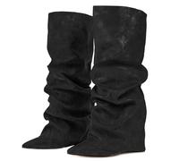 Ceciloroda Fold Over Slouch Boots Block Heels Dressy Shark Boots Knee High For Women Pointed Toe Wide Calf Pull on Pleated Fall Shoes Black Size 41
