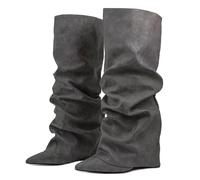 Ceciloroda Fold Over Slouch Boots Block Heels Dressy Shark Boots Knee High For Women Pointed Toe Wide Calf Pull on Pleated Fall Shoes Black Size 37