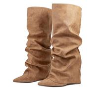 Ceciloroda Fold Over Slouch Boots Block Heels Dressy Shark Boots Knee High For Women Pointed Toe Wide Calf Pull on Pleated Fall Shoes Apricot Size 41