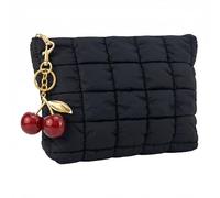 CECKQUE Black Puffer Quilted Makeup Bag for Women with Cherry Keychain - 10" Roomy Puffy Cosmetic Pouch, Travel Toiletry Organizer Bag (BK-CHy-R)