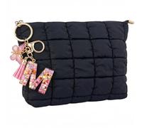 CECKQUE Black Puffer Quilted Makeup Bag for Women with Letter Colorful Charm - 10" Roomy Puffy Cosmetic Pouch, Travel Toiletry Organizer Bag (BK-Le-M1)