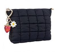 CECKQUE Black Puffer Quilted Makeup Bag for Women with Strawberry Keychain - 10" Roomy Puffy Cosmetic Pouch, Travel Toiletry Organizer Bag (BK-Sty-R)