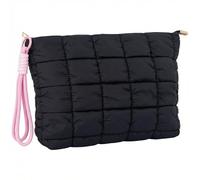 CECKQUE Black Puffer Quilted Makeup Bag for Women with Wrist Straps - 10" Roomy Puffy Cosmetic Pouch, Travel Toiletry Organizer Bag (BK-WS-PI)
