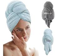 CECOMBINE 2 Pack Microfibre Hair Towel Wrap, Large Absorbent Hair Towel 100 * 60CM, Fast Drying Turbans for Long, Thick, Curly Hair-Anti-Frizz Drying Hair Towel with Elastic Strap(Grey+Blue)