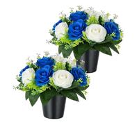 CECOMBINE 2 PCS Artificial Flowers for Graves, Blue White Roses Memorial Arrangement, 25cm Silk Memorial Grave Flowers with Pots, Weatherproof Funeral Arrangements for Outdoor Graveside