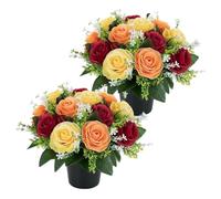 CECOMBINE 2 PCS Artificial Flowers for Graves, Red Yellow Orange Roses Memorial Arrangement, 25cm Silk Memorial Grave Flowers with Pots, Weatherproof Funeral Arrangements for Outdoor Graveside