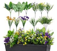 CECOMBINE 20PCS Artificial Plants Outdoor, Mixed Fake Flowers and Greenery Stems, Faux Plastic Plants with Boston Fern, Lavender and Green Leaves for Garden Planters