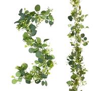 CECOMBINE 2PCS 6Ft Artificial Eucalyptus Garland with Lights, Faux Greenery Vines with White Flowers and 60 LED Fairy String Lights, Artificial Garlands for Home Decoration Table Runner Hanging Decor