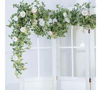 CECOMBINE 2PCS Artificial Eucalyptus Garland Vines with White Rose 12FT Hanging Camellia Flower Garland Artificial Plants Faux Gypsophila Vine for Wedding Party Table Runner Decoration