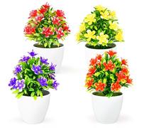 CECOMBINE 4 Pcs Artificial Flowers in Pots - Small Fake Potted Flowers | Mini Lifelike Plants for Spring Summer Home Table, Real Touch Faux Plants Indoors for Bedroom Decorations Office Decor