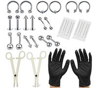 CECOMBINE 42Pcs Body Piercing Tool Kit, Professional Stainless Steel with Clamp Gloves Piercing Needle Tool Kit for Lip Stud Eyebrow Earring Navel Ring Full Body Piercing Set (Silver)