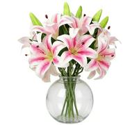 CECOMBINE 8PCS Artificial Lilies Flowers, Short Stem Fake Lilies with 16 Fully Bloomed Heads & 8 Buds, Perfect for Wedding, Home, Office, Party Decor, DIY Floral Arrangements, Graves(Pink)