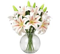 CECOMBINE 8PCS Artificial Lilies Flowers, Short Stem Fake Lilies with 16 Fully Bloomed Heads & 8 Buds, Perfect for Wedding, Home, Office, Party Decor, DIY Floral Arrangements, Graves(Champagne)