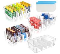 CECOMBINE Fridge Organiser Divided, 4 Pack Cupboard Storage Containers Snack Storage, Clear Plastic Food Organiser Bins with Removable Divider & 2 Food Preservation Bag - BPA-free